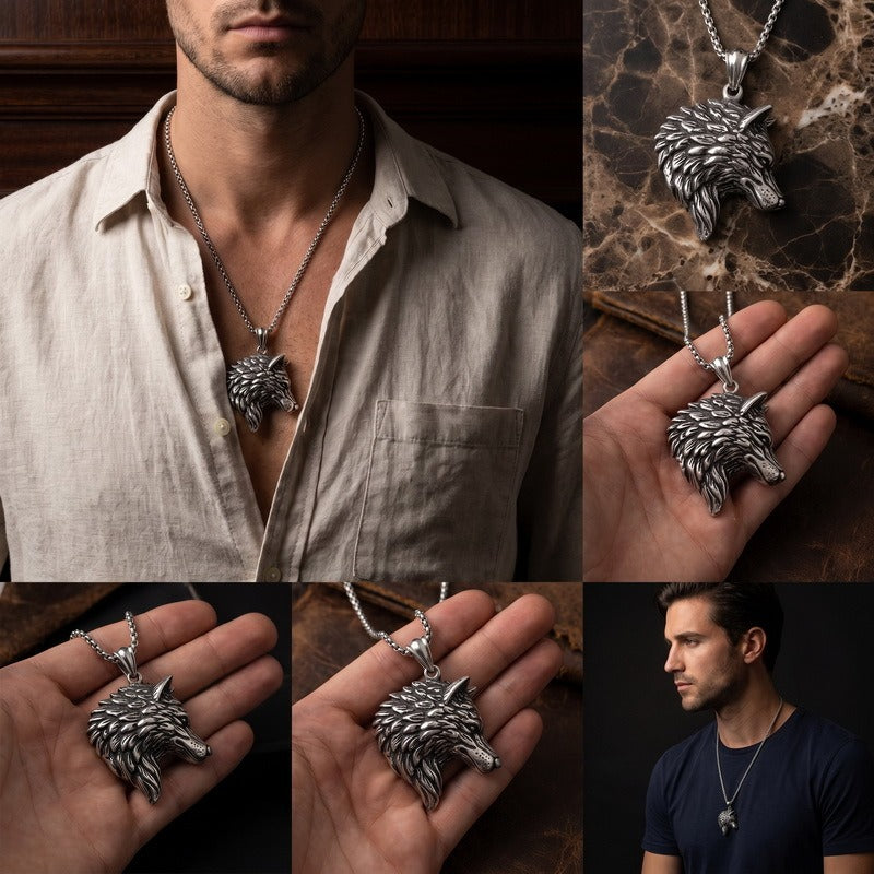 Kemstone Titanium Steel Wolf Head Pendant Necklace for Men Vintage Animal Charm KP117150-KJX