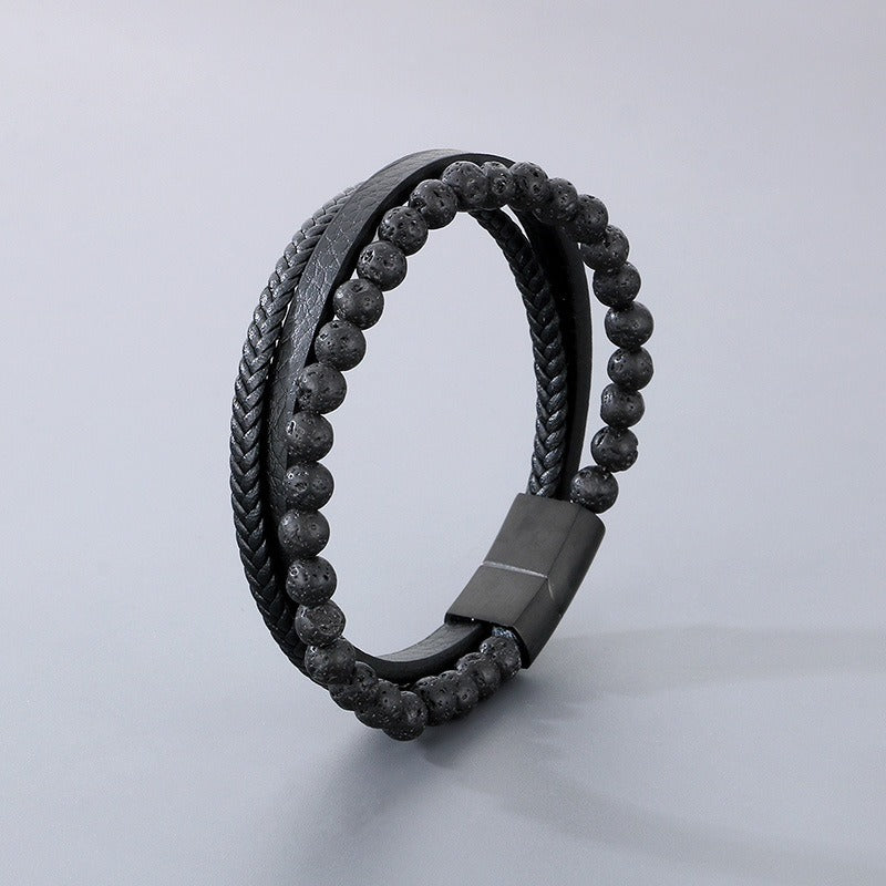 Kemstone Volcanic Rock Bracelet for Men Leather Stainless Steel Multi Layer KB180736-JR