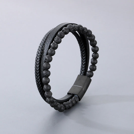 Kemstone Volcanic Rock Bracelet for Men Leather Stainless Steel Multi Layer KB180736-JR