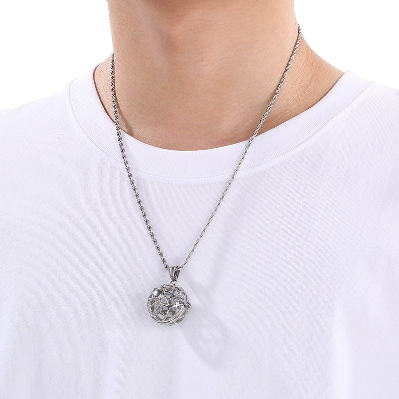 Kemstone Titanium Steel Aroma Locket Pendant – Hollow Sphere Necklace KP79561G-TOM