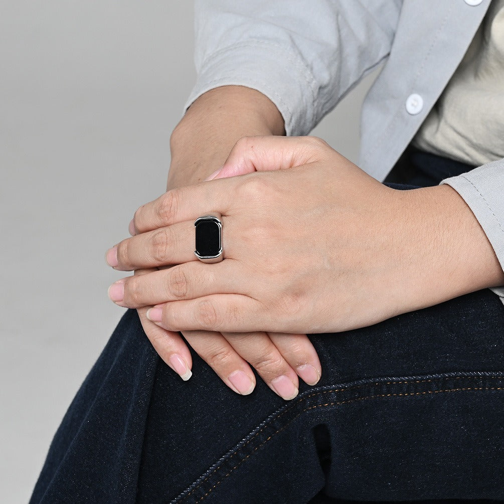 Kemstone Men’s Stainless Steel Black Onyx Ring – Rectangular Signet Band K-R1075