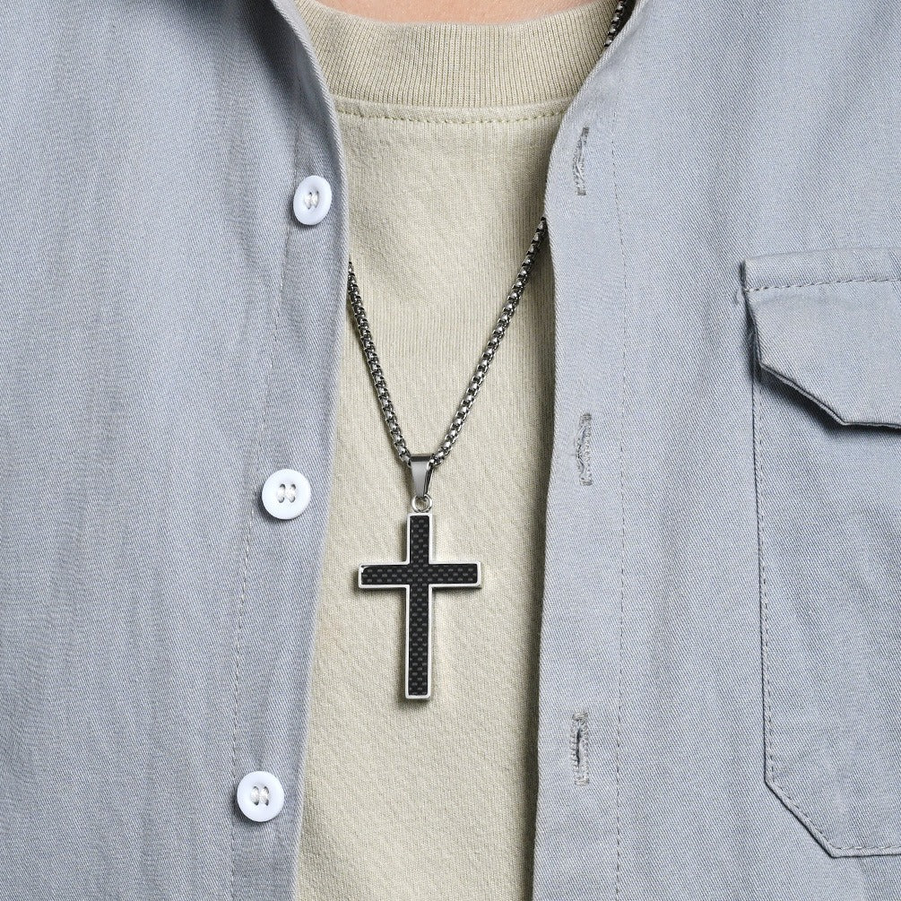 Kemstone Stainless Steel Cross Necklace for Men – Carbon Fiber Inlay Pendant K-PT666