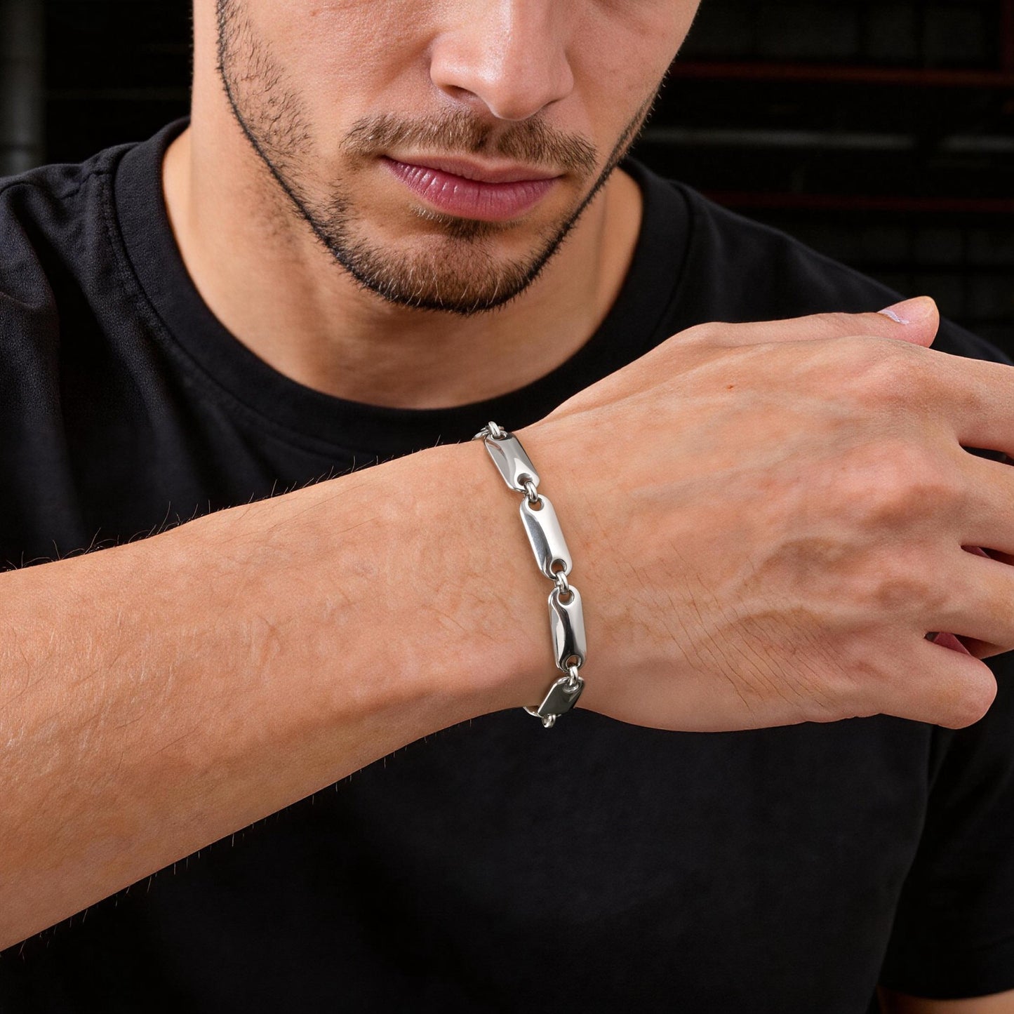Kemstone Men’s Stainless Steel Bracelet – Smooth Bar Link Chain BR-2764
