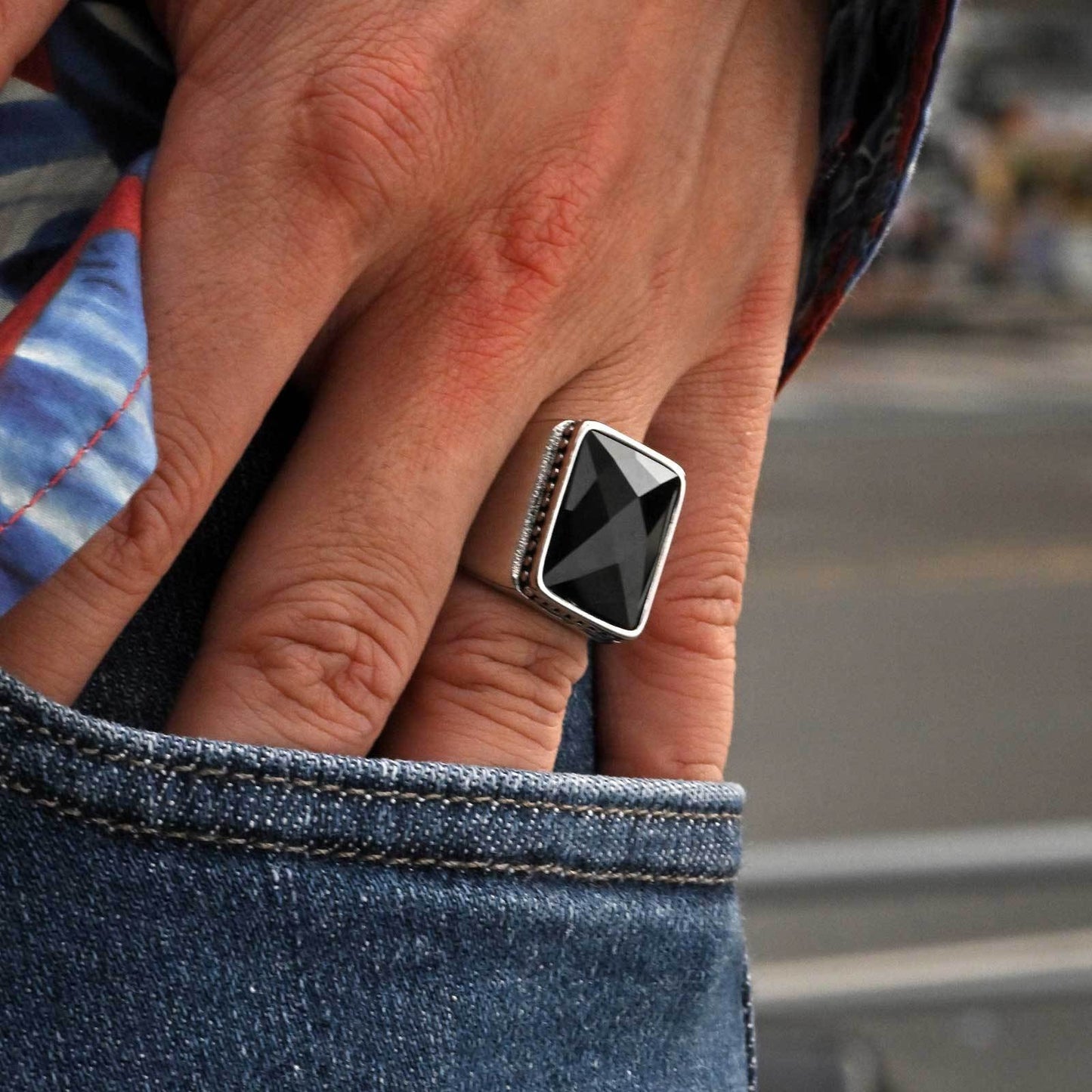 Kemstone Men’s Stainless Steel Ring – Faceted Black Glass Square Signet RC-923