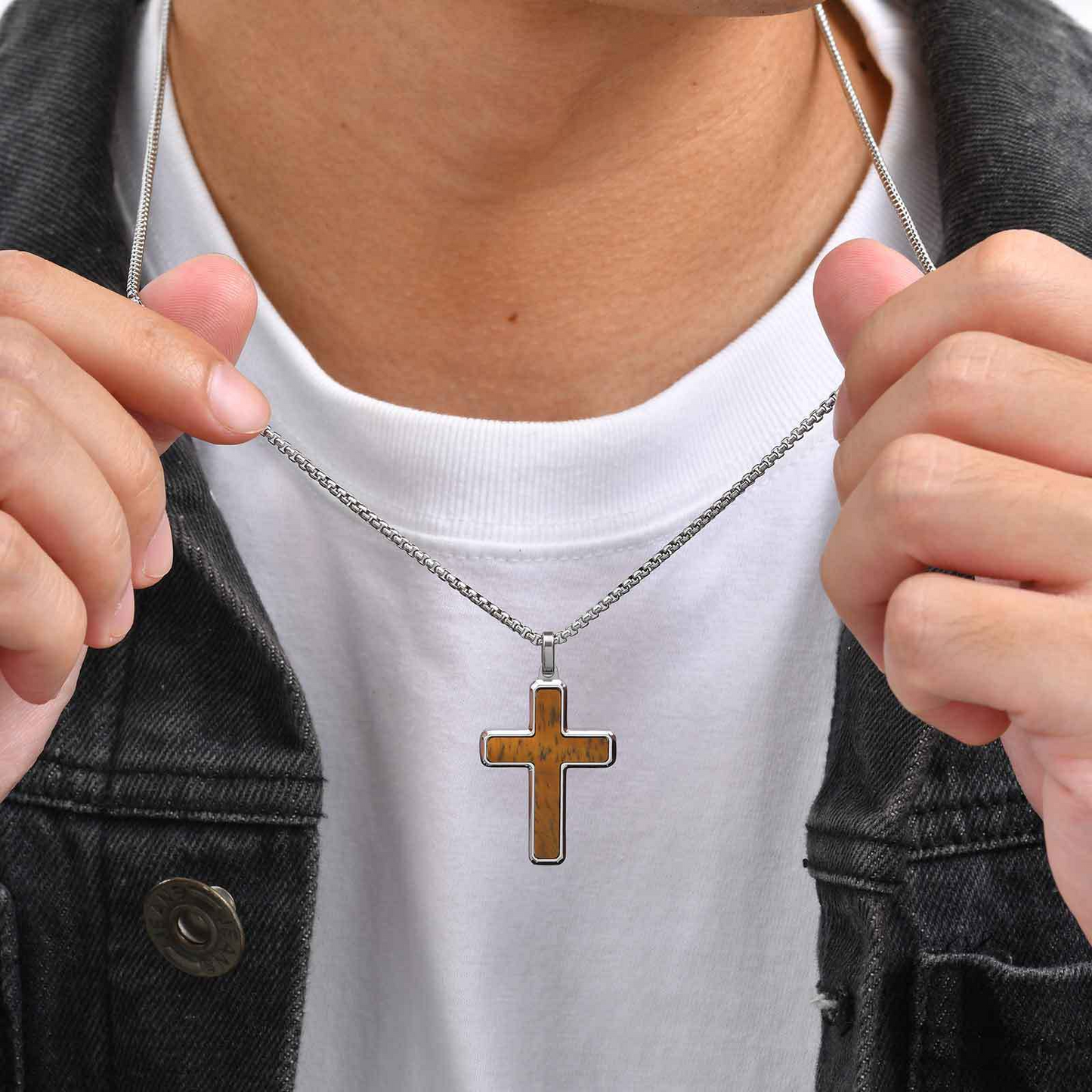 Kemstone Stainless Steel Cross Pendant Necklace – Tiger Eye & Turquoise Inlay for Men PN-2224