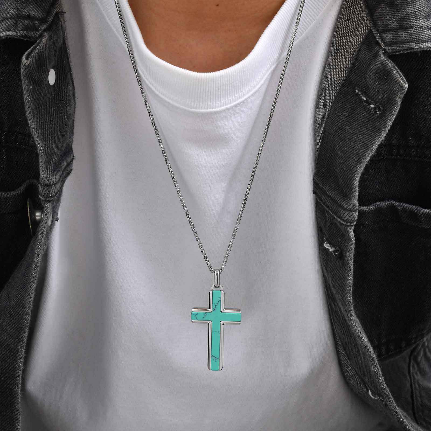 Kemstone Stainless Steel Cross Pendant Necklace – Tiger Eye & Turquoise Inlay for Men PN-2224