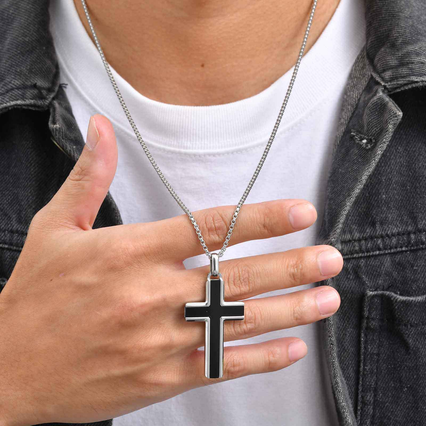 Kemstone Stainless Steel Cross Pendant Necklace – Tiger Eye & Turquoise Inlay for Men PN-2224