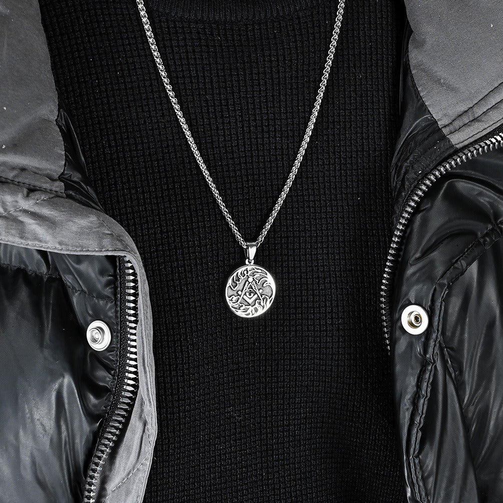 Kemstone Men’s Stainless Steel Necklace – Vintage Masonic-Style Round Pendant K-PT564