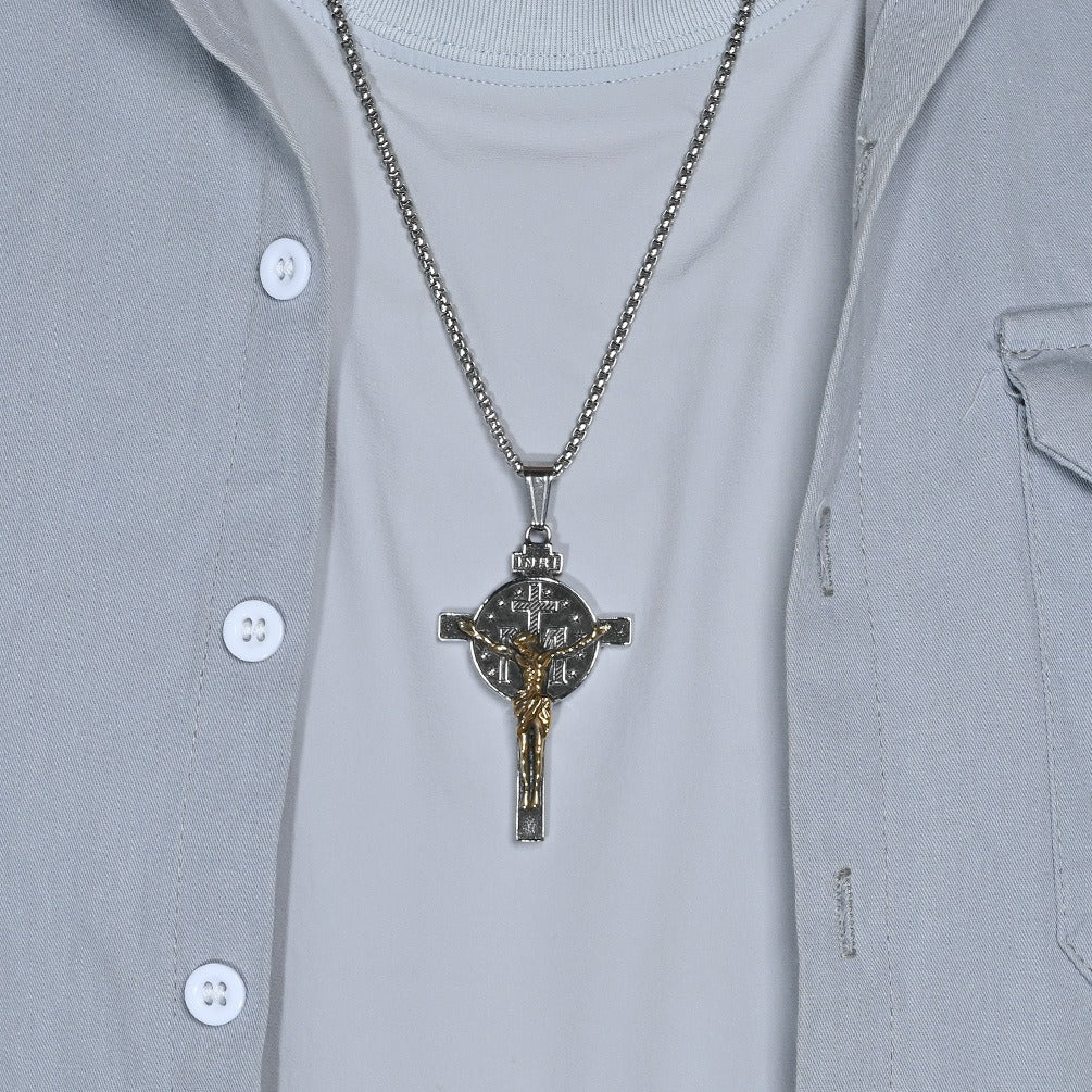 Kemstone Men’s Titanium Steel Cross Necklace – Vintage Relief Pendant K-PT641