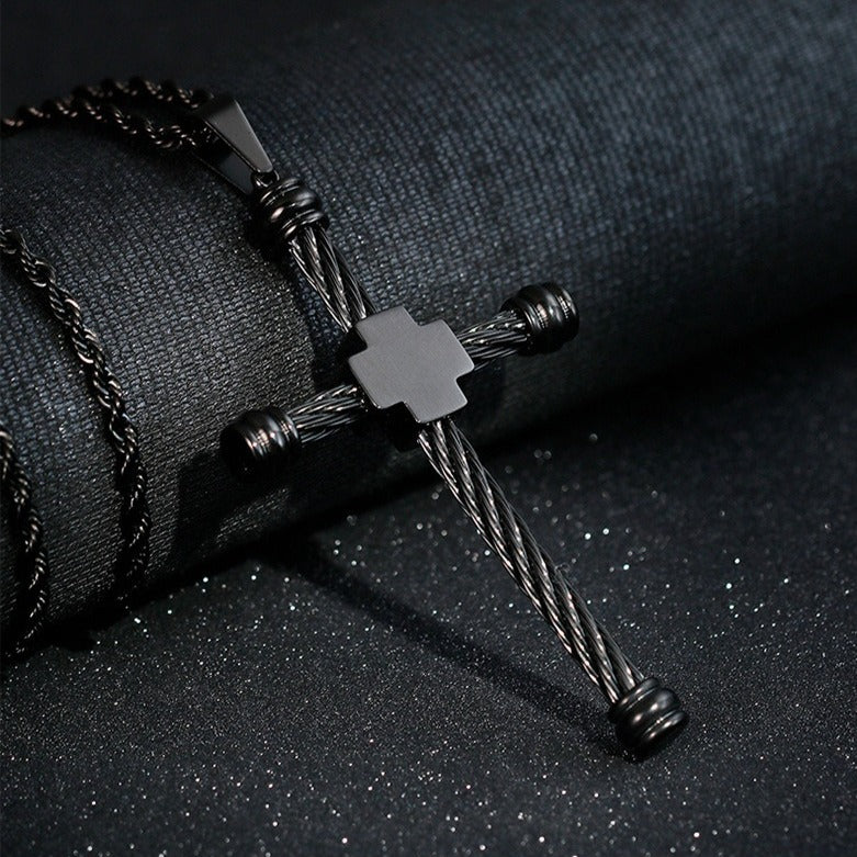 Kemstone Men’s Titanium Steel Cross Pendant Necklace – Rope Cross Design KP80529-K