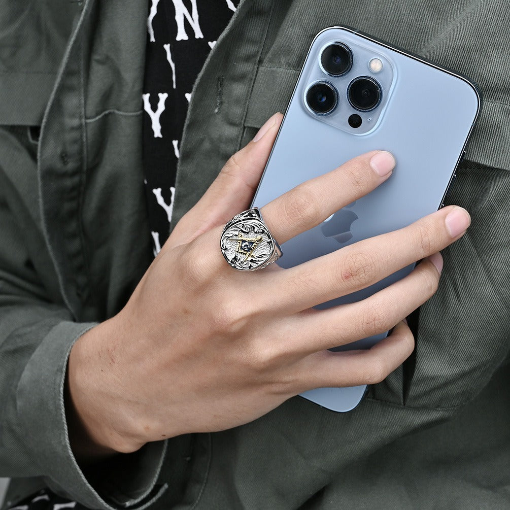 Kemstone Men’s Stainless Steel Ring – Vintage Masonic-Style Design K-R751