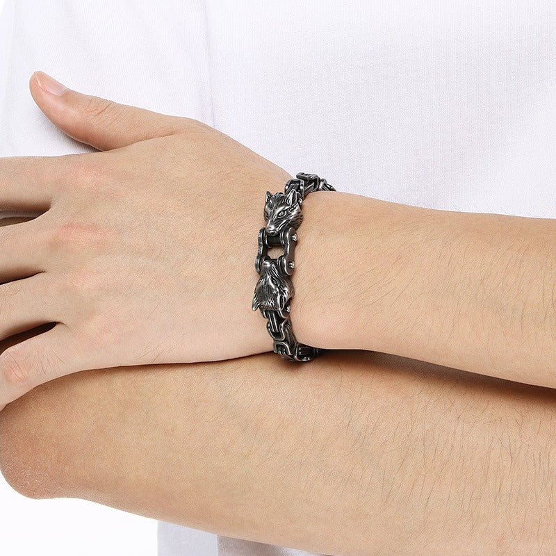 Kemstone Men’s Titanium Steel Wolf Head Biker Chain Bracelet KB208300-KFC