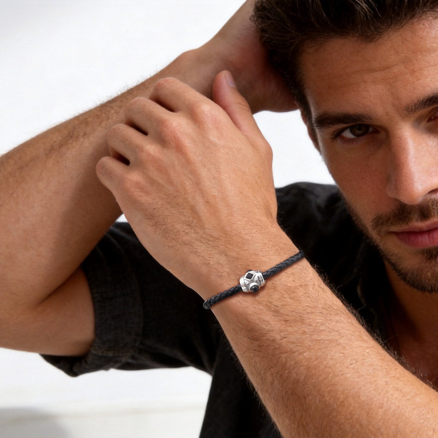 Kemstone Black Leather Bracelet for Men Stainless Steel Zirconia Agate Detail BL-812