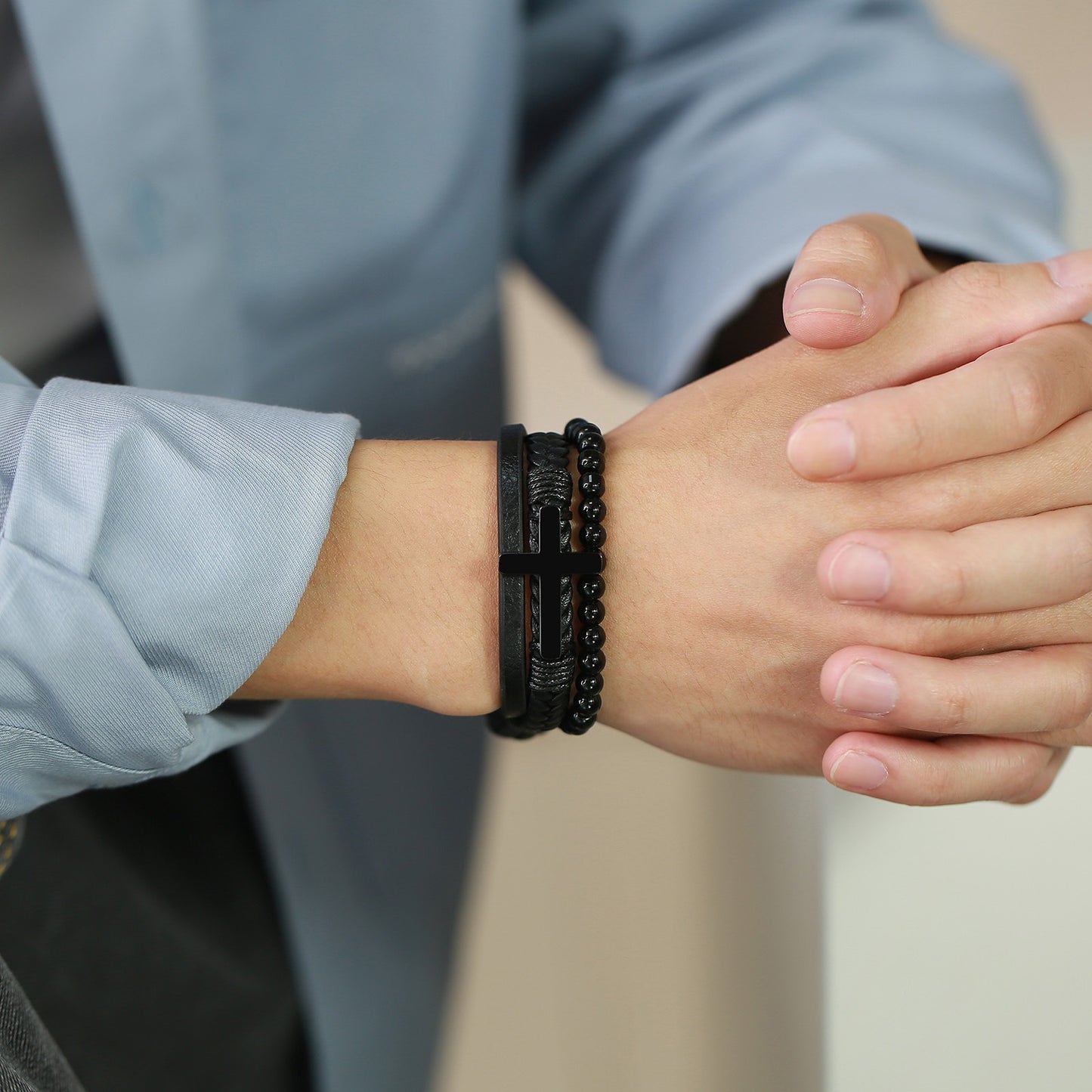 Kemstone Stainless Steel Cross Leather Bracelet for Men – Black Layered Beaded Style BL-641