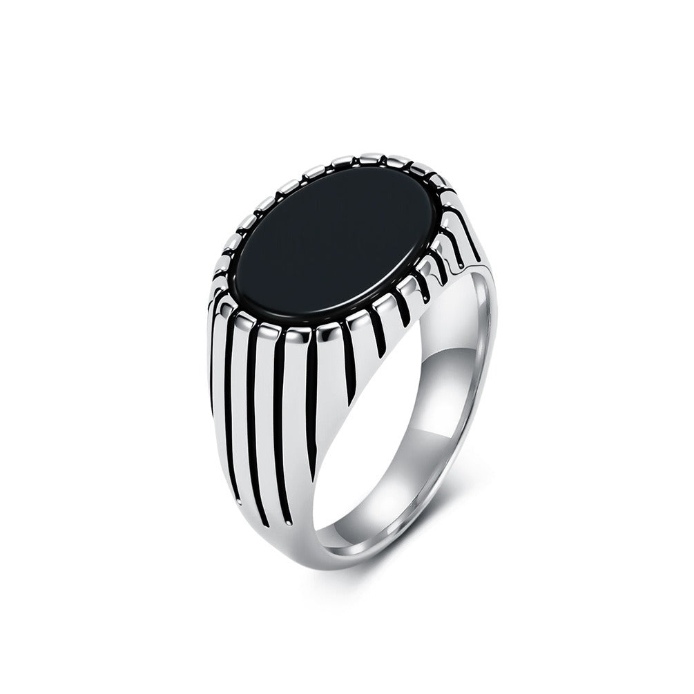 Kemstone Stainless Steel Black Stone Signet Ring for Men Vintage Oval K-R1177