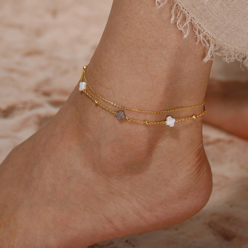 Kemstone 925 Sterling Silver Clover Anklet for Women Layered Shell Chain Gold Silver GMA02