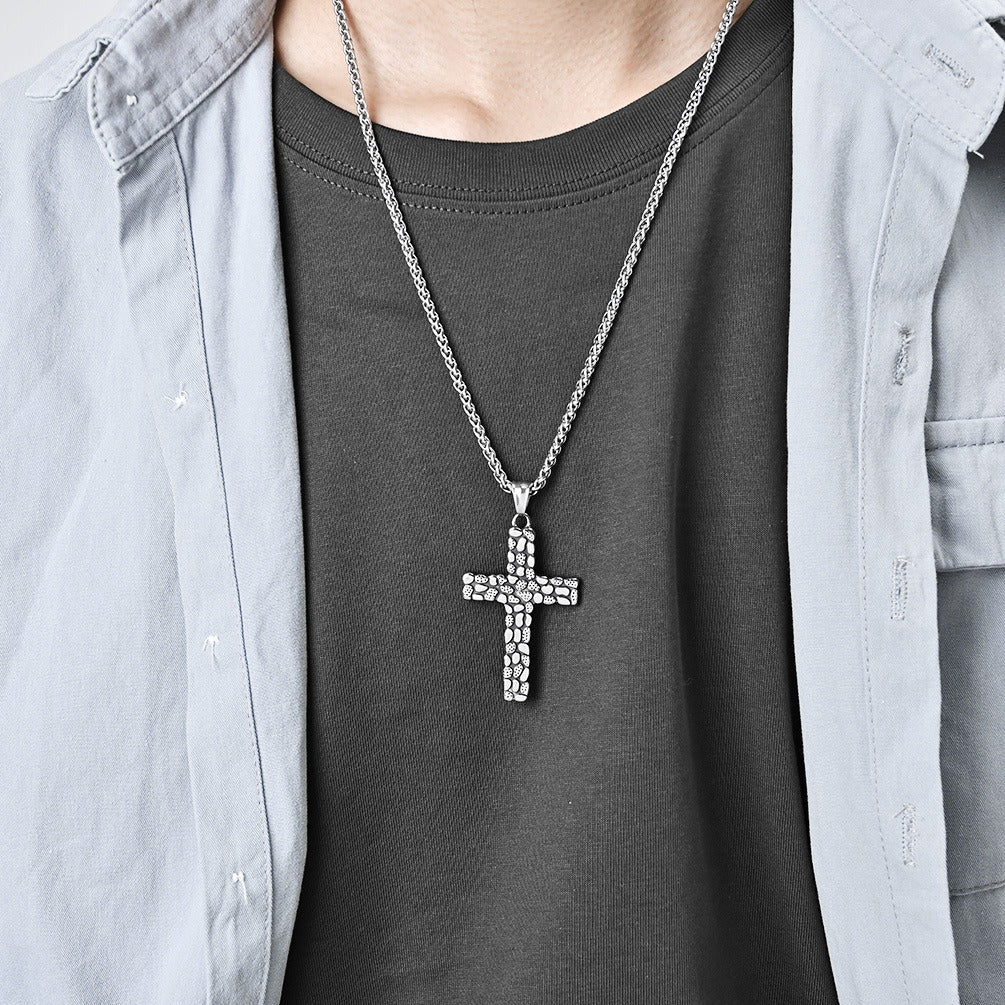 Kemstone Cross Pendant Necklace Titanium Steel Pebble Texture Chain for Men K-PT513