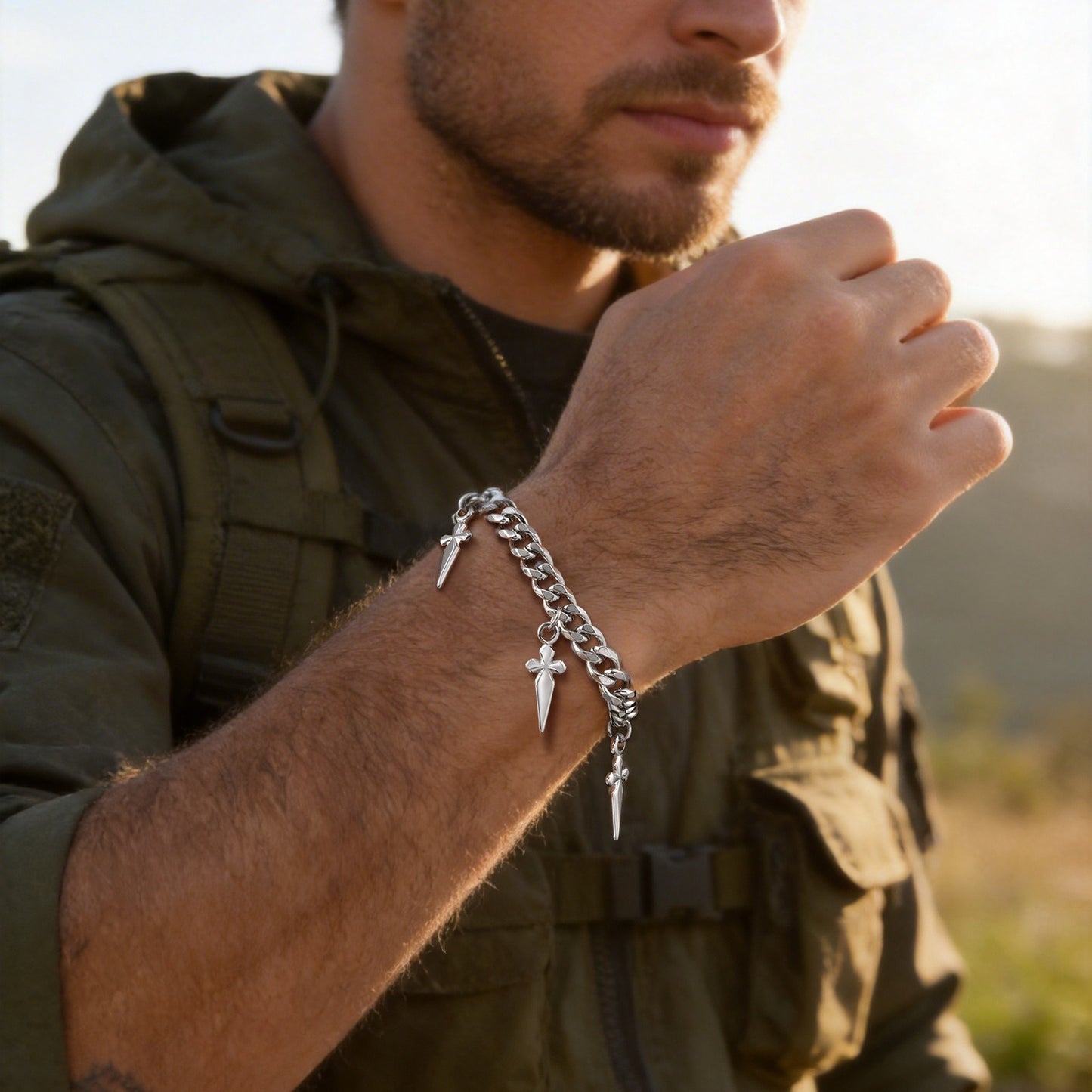 Kemstone Cuban Link Bracelet with Cross Charms Stainless Steel Adjustable Chain for Men BR-2809
