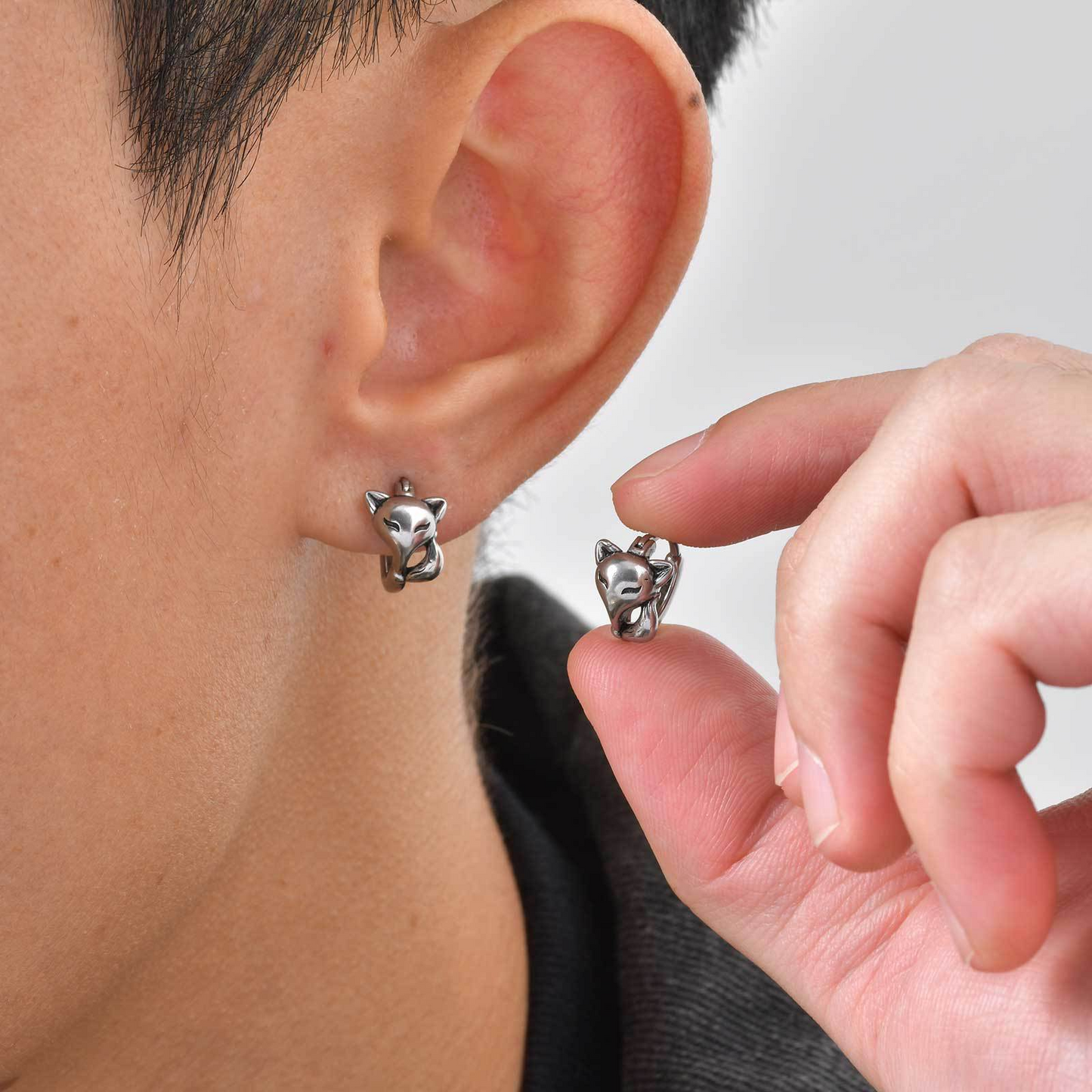 Kemstone Stainless Steel Fox Hoop Earring – Cubic Zirconia Rose Detail for Men & Women EH-821