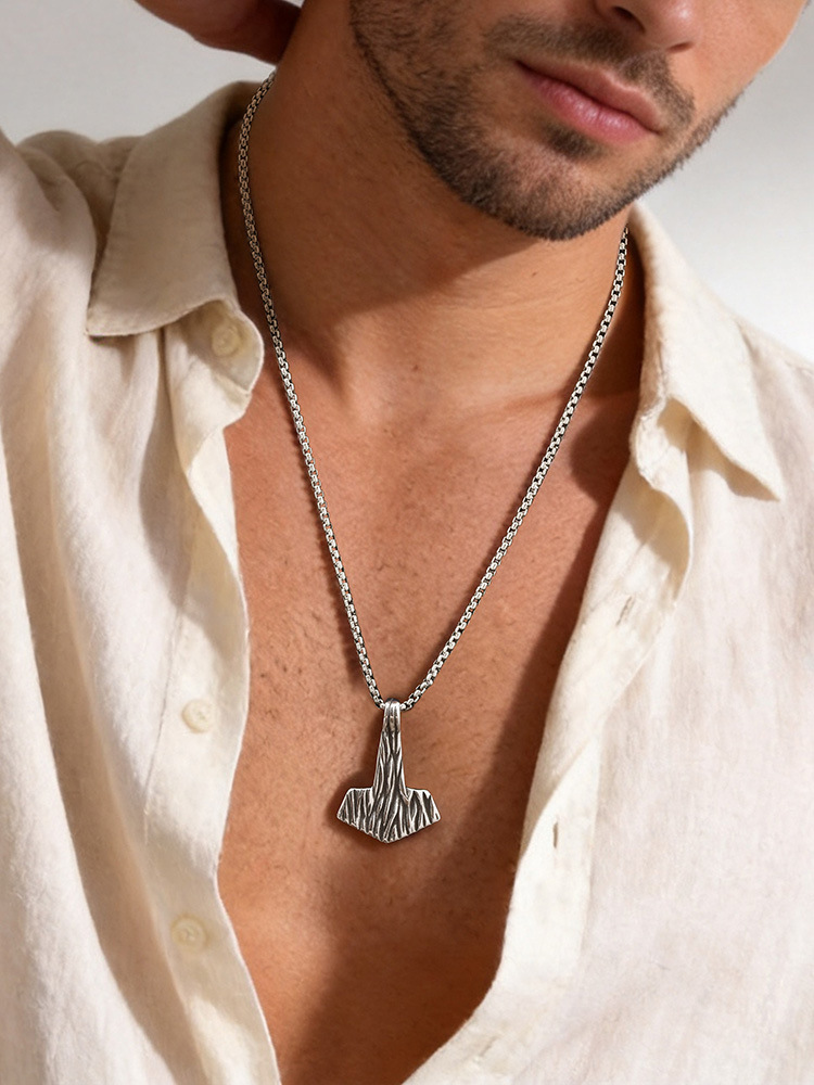 Kemstone Stainless Steel Hammer Pendant Necklace for Men Textured Vintage Chain PN-2388