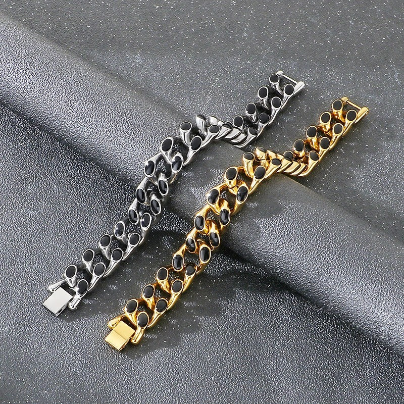 Kemstone Cuban Link Bracelet for Men Titanium Steel Black Inlay Chunky Heavy Chain Hip Hop Gold Silver KB202409-KJX
