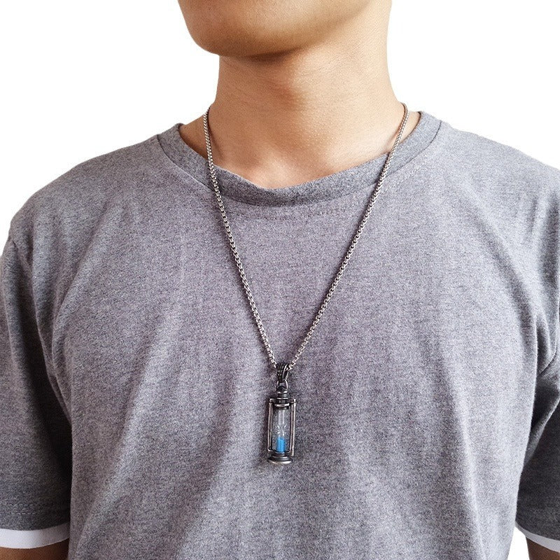 Kemstone Stainless Steel Hourglass Pendant Necklace for Men Vintage Silver PN1097