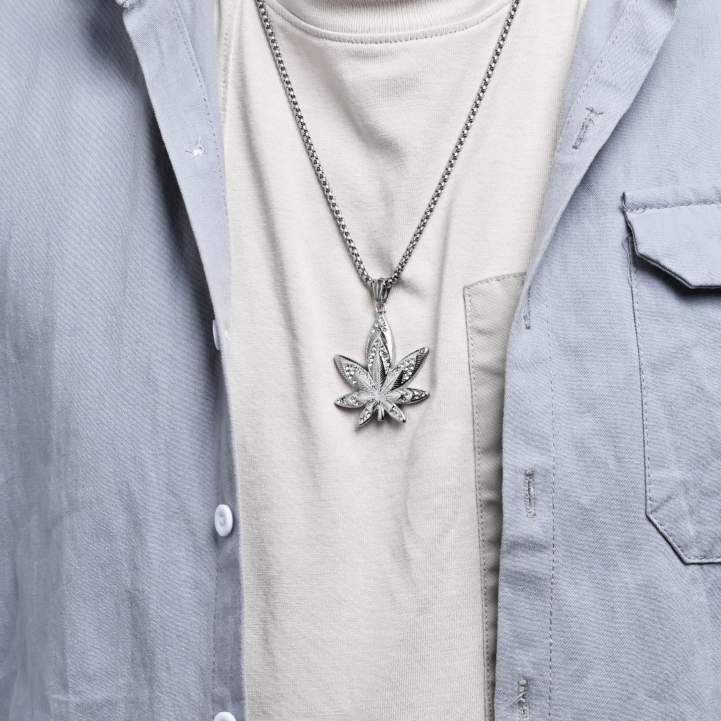 Kemstone Leaf Pendant Necklace Stainless Steel Cubic Zirconia for Men K-PT603