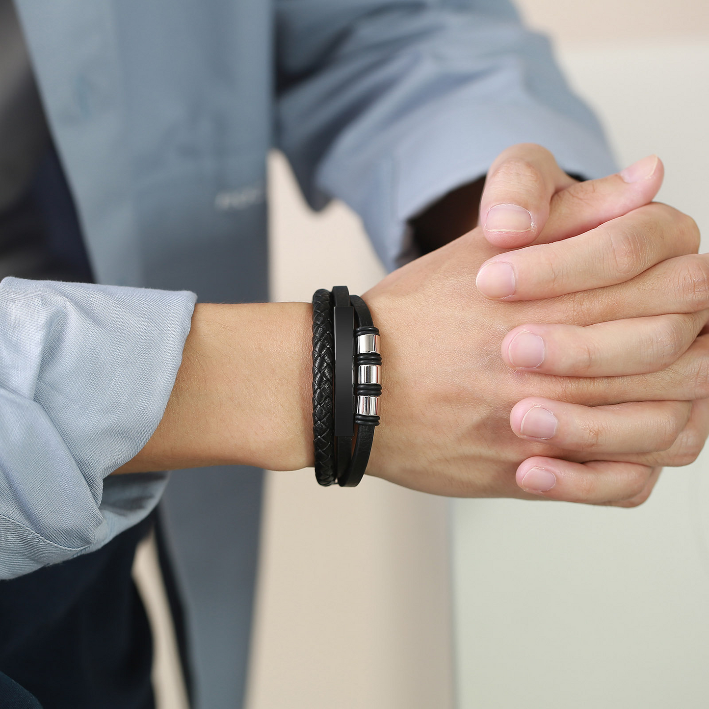 Kemstone Triple Leather Bracelet with Stainless Steel Plate for Men BL-643