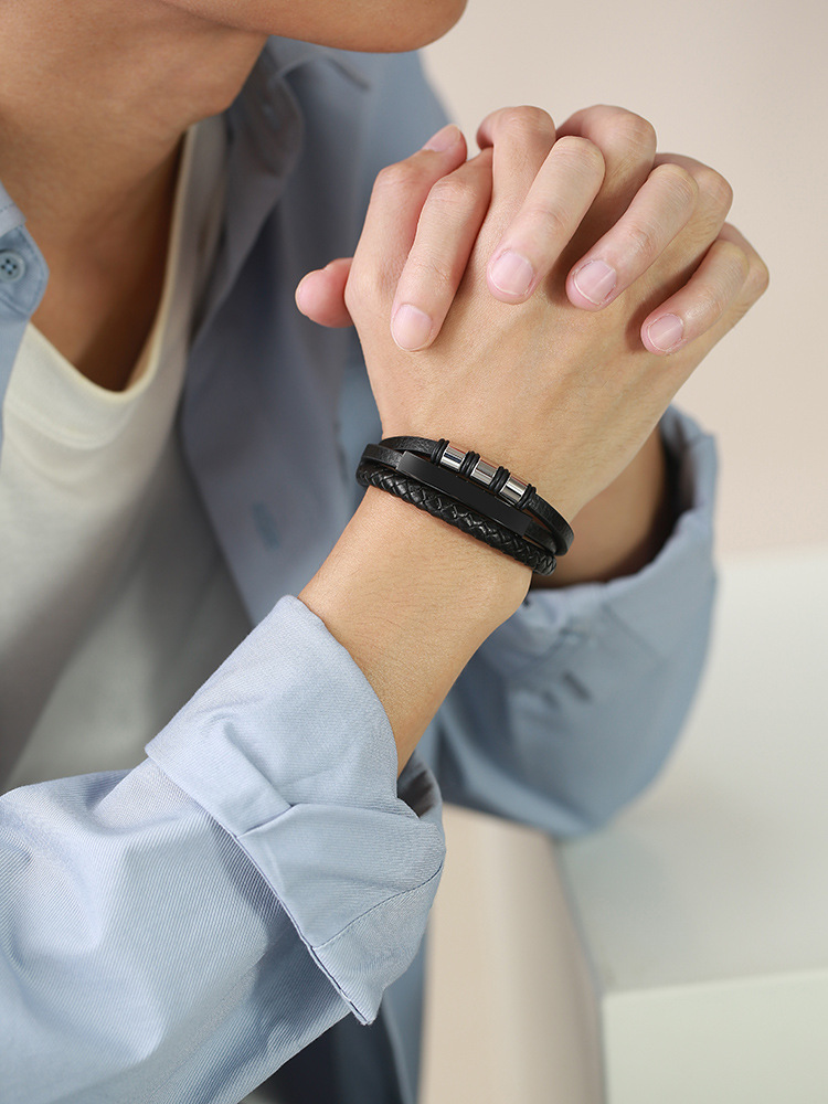 Kemstone Triple Leather Bracelet with Stainless Steel Plate for Men BL-643