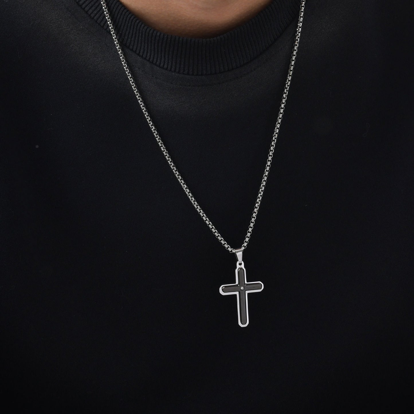 Kemstone Stainless Steel Cross Pendant Necklace for Men – Black Inlay with Cubic Zirconia PN2098