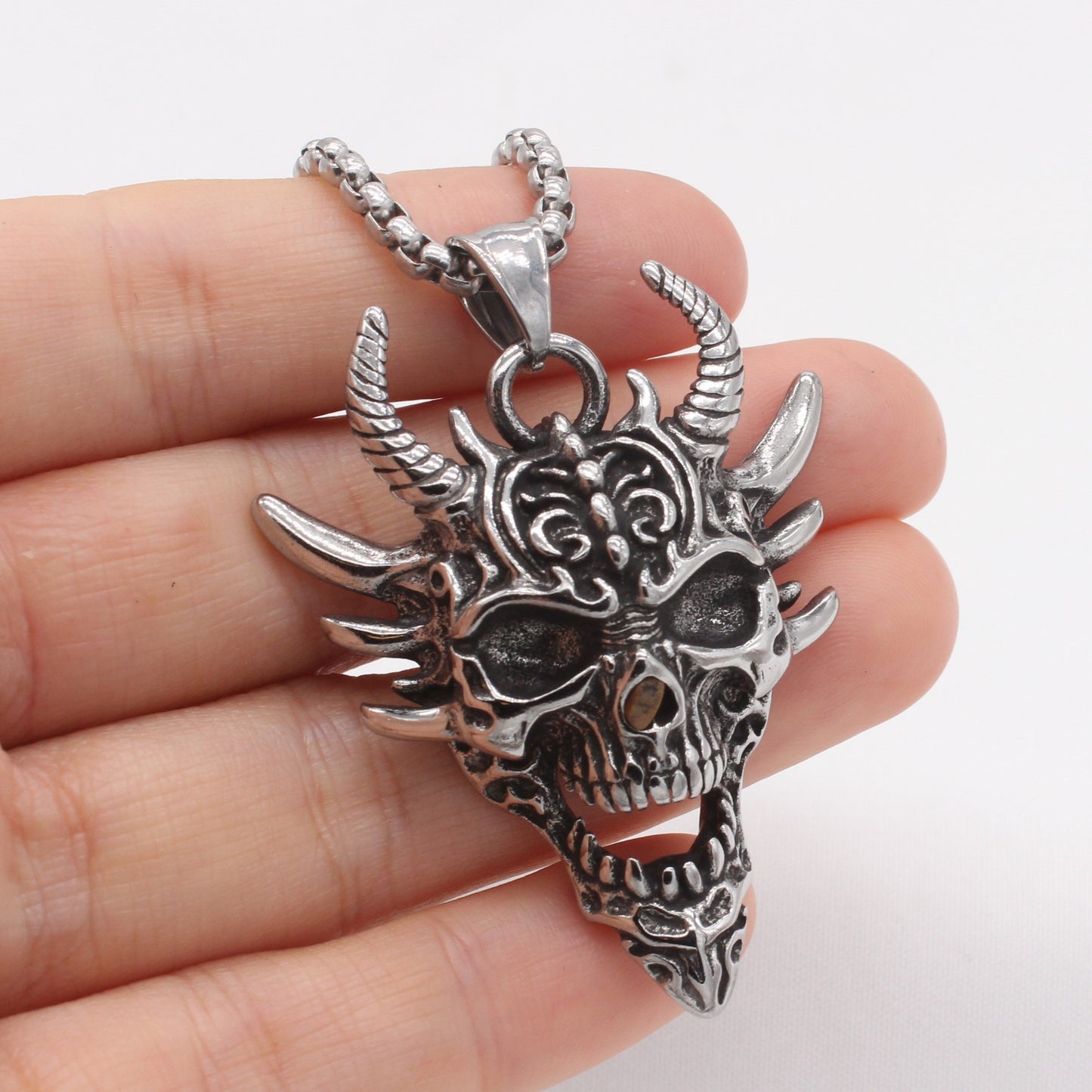 Kemstone Titanium Steel Skull Pendant Necklace – Vintage Gothic Horn Design for Men P1506