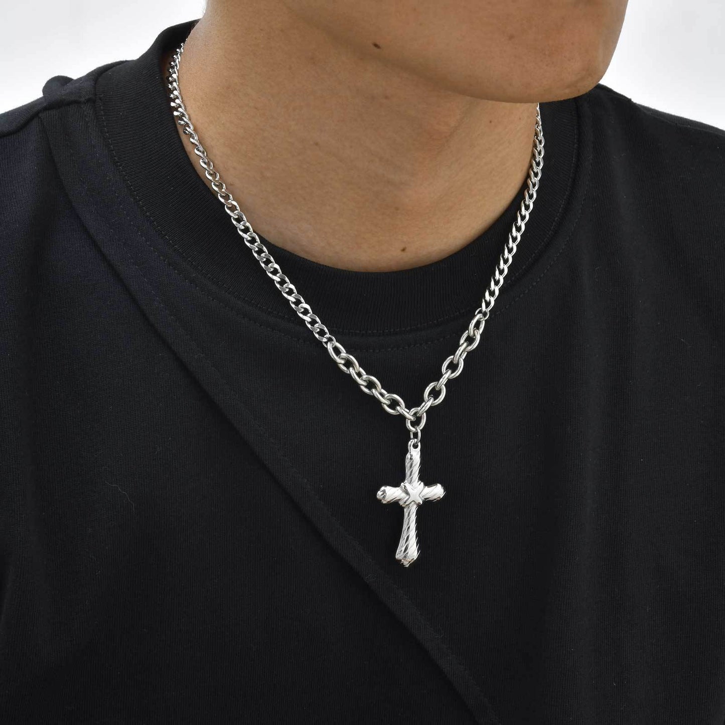 Kemstone Stainless Steel Cross Chain Necklace for Men – Double-Sided Polished Design NC-2164