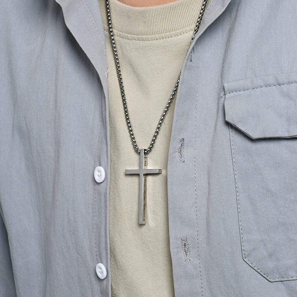 Kemstone Stainless Steel Engraved Cross Pendant Necklace for Men Minimalist Bar Chain K-PT670
