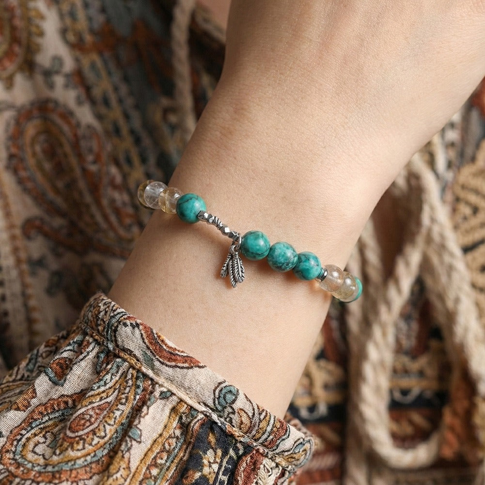 Kemstone 925 Sterling Silver Natural Stone Beaded Bracelet for Women Tiger Eye Turquoise Feather Charm GMB91