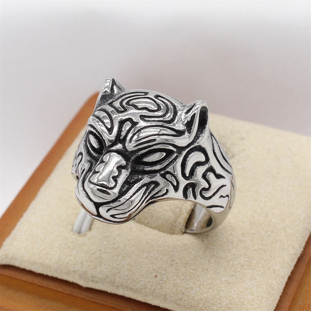 Kemstone Titanium Steel Panther Head Ring for Men Vintage Animal Signet Silver R1873