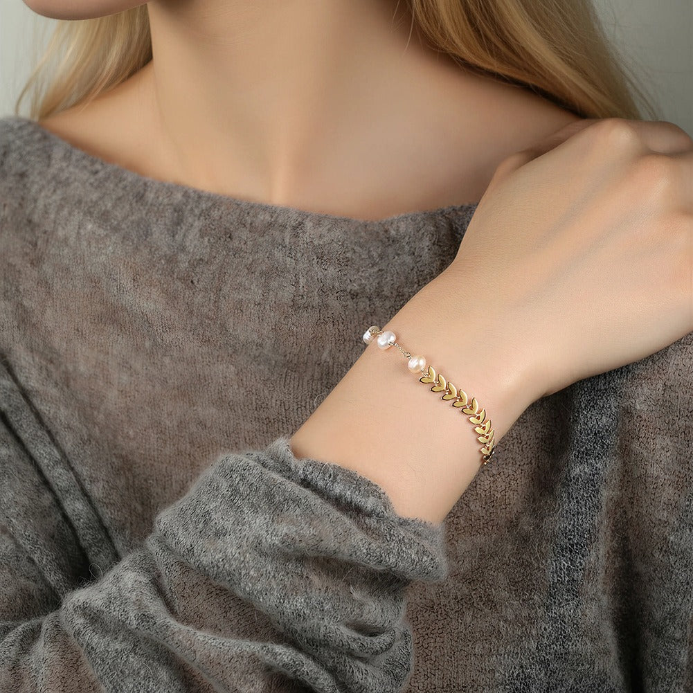 Kemstone 925 Sterling Silver Pearl Leaf Bracelet for Women Adjustable Chain Gold Silver GPB45