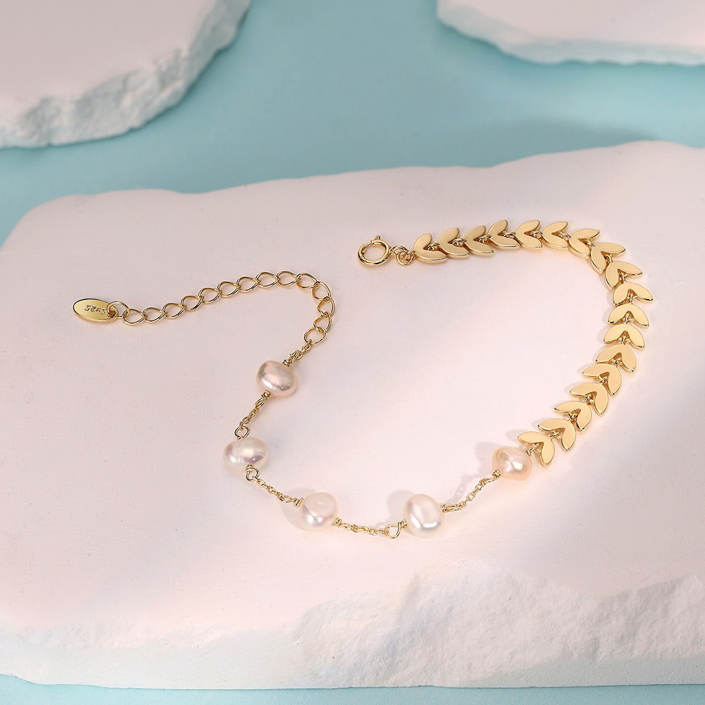 Kemstone 925 Sterling Silver Pearl Leaf Bracelet for Women Adjustable Chain Gold Silver GPB45