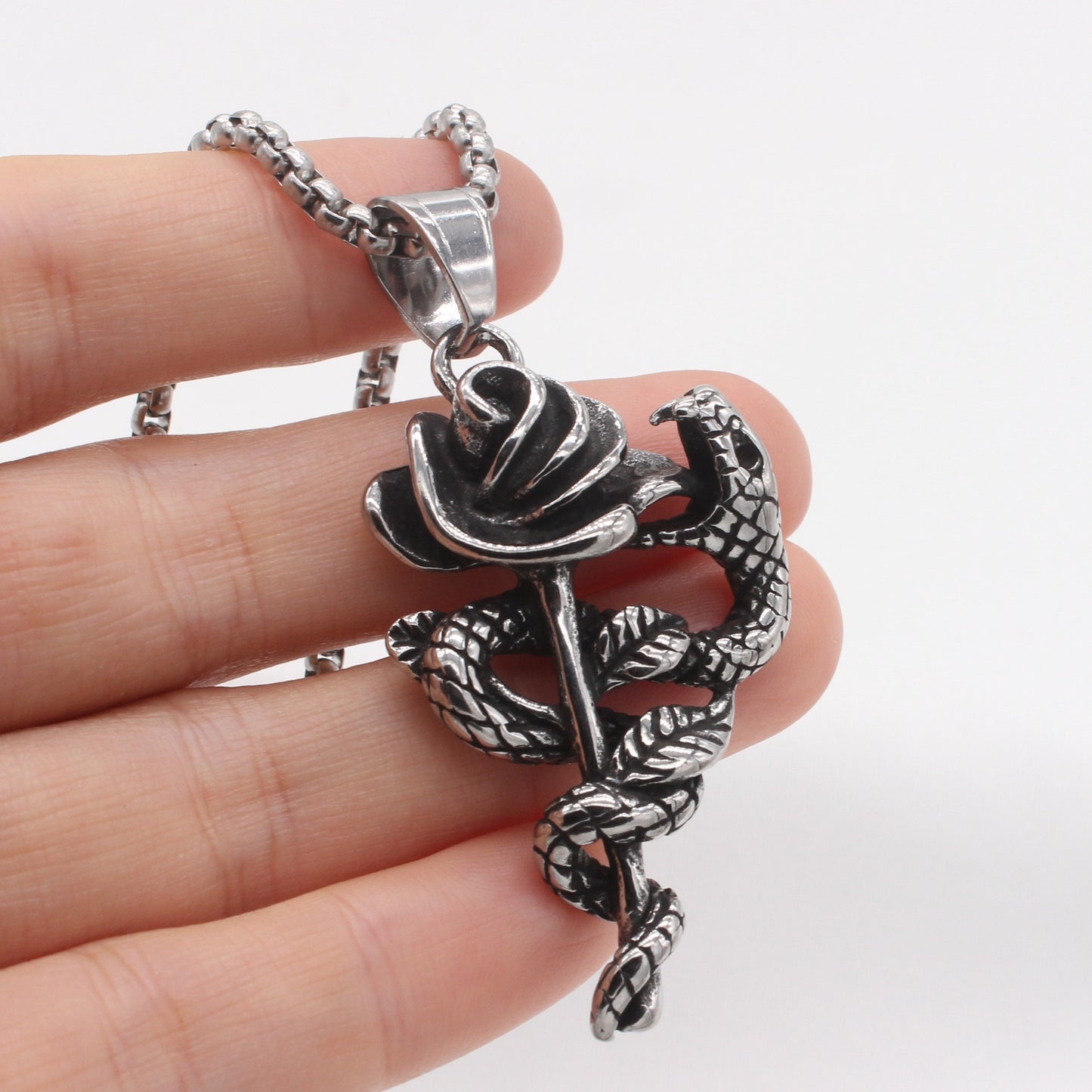 Kemstone Titanium Steel Rose Snake Pendant Necklace for Men P1538