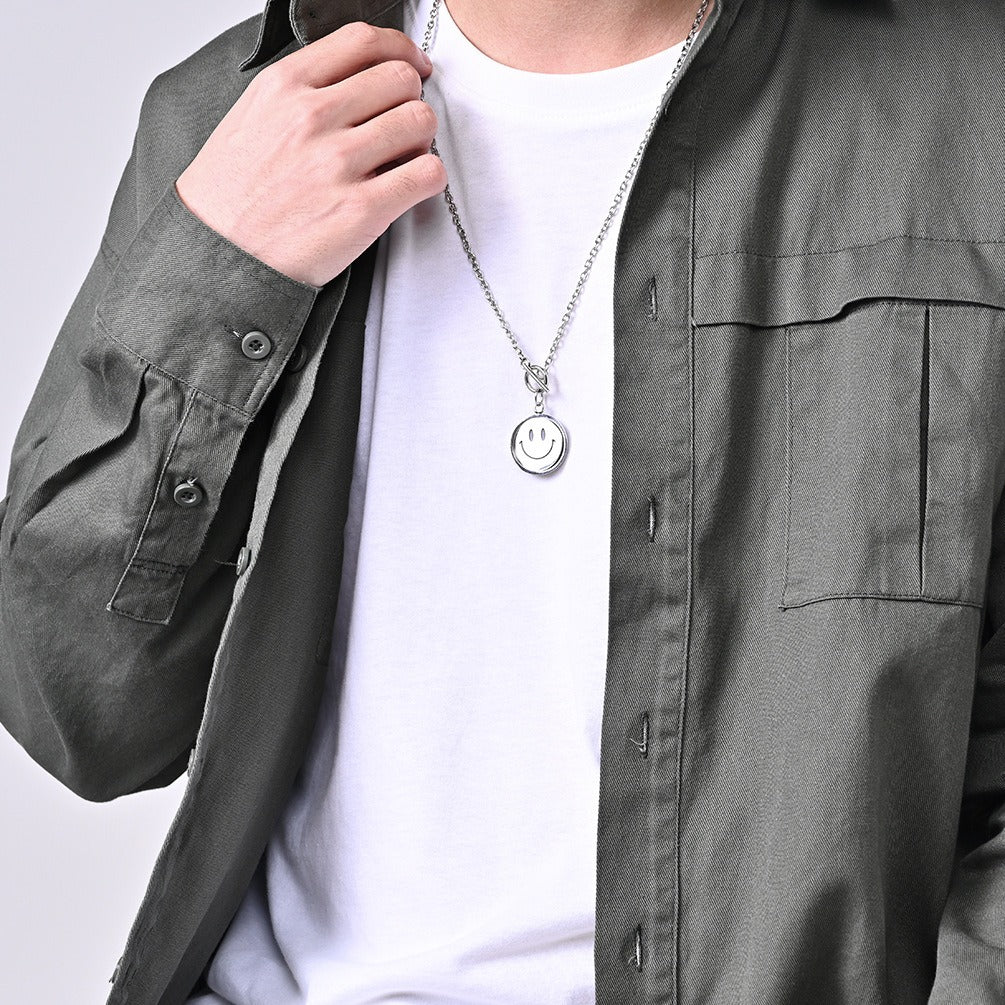 Kemstone Stainless Steel Spinner Pendant Necklace Smile Face for Men Women Silver K-PT286