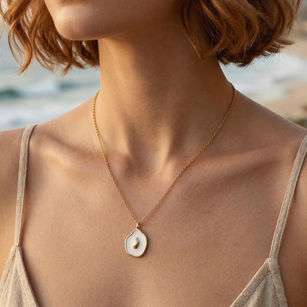 Kemstone Shell Pendant Necklace for Women 925 Sterling Silver Enamel Oval Dainty Beach Style Gold Silver SAPN62