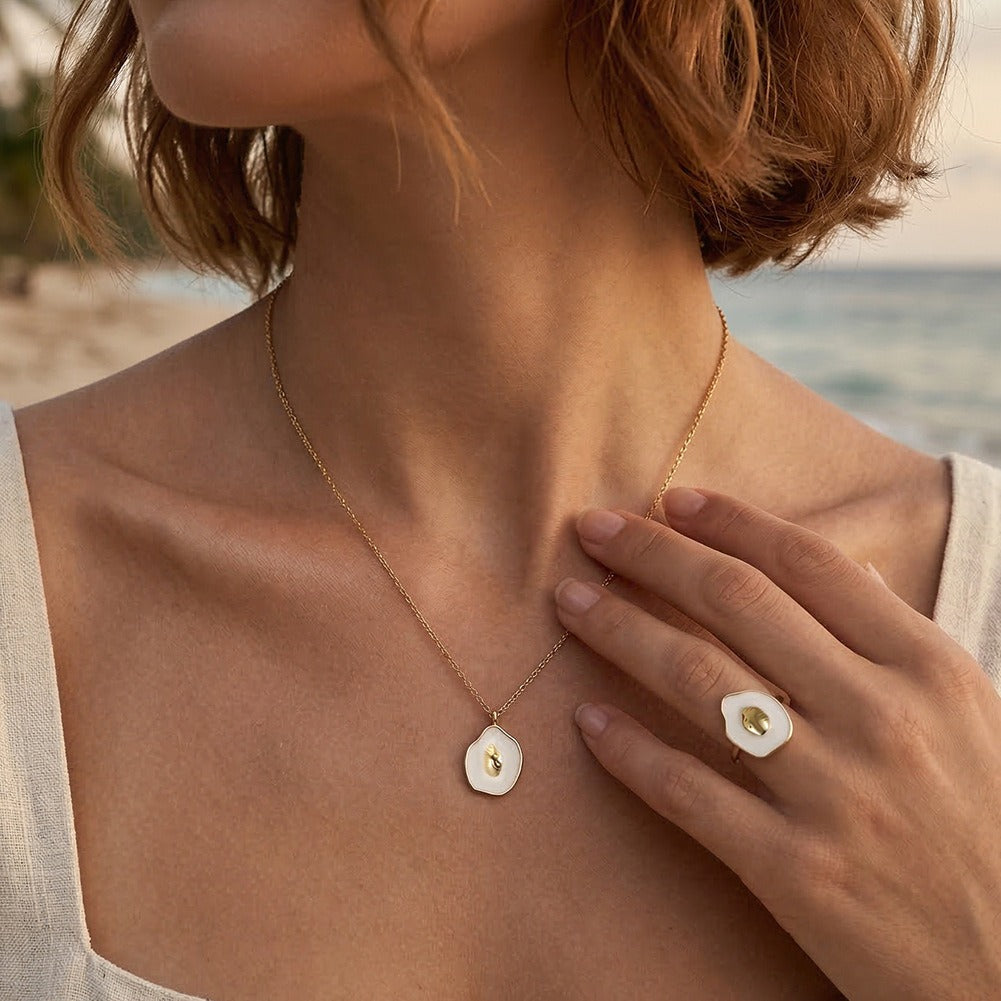 Kemstone Shell Pendant Necklace for Women 925 Sterling Silver Enamel Oval Dainty Beach Style Gold Silver SAPN62