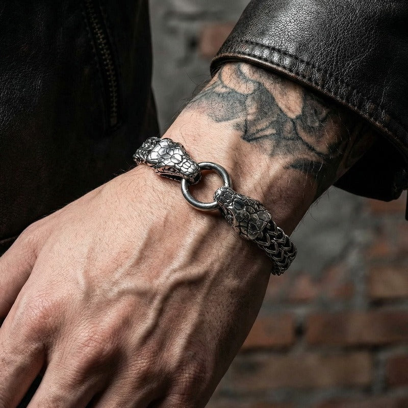 Kemstone Titanium Steel Double Snake Head Chain Bracelet Vintage Style for Men KB139889-KJX