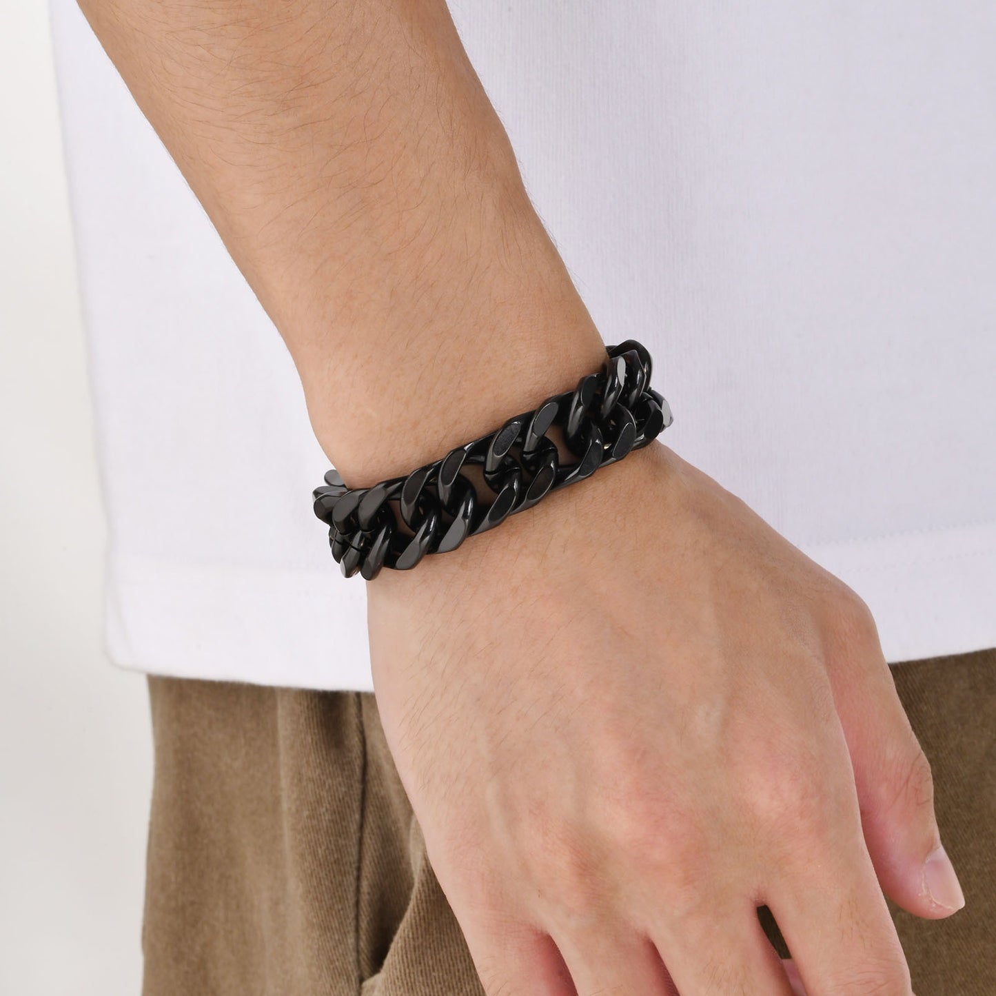 Kemstone Men’s Stainless Steel Cuban Bracelet – 15mm Dual-Weave Chain BR-1369