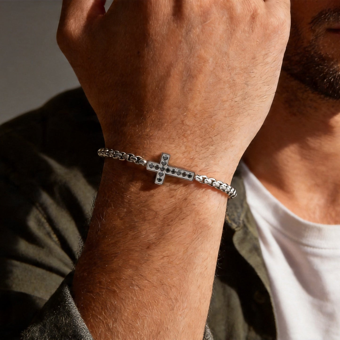 Kemstone Stainless Steel Cross Bracelet for Men Black Cubic Zirconia Box Chain BR-2766