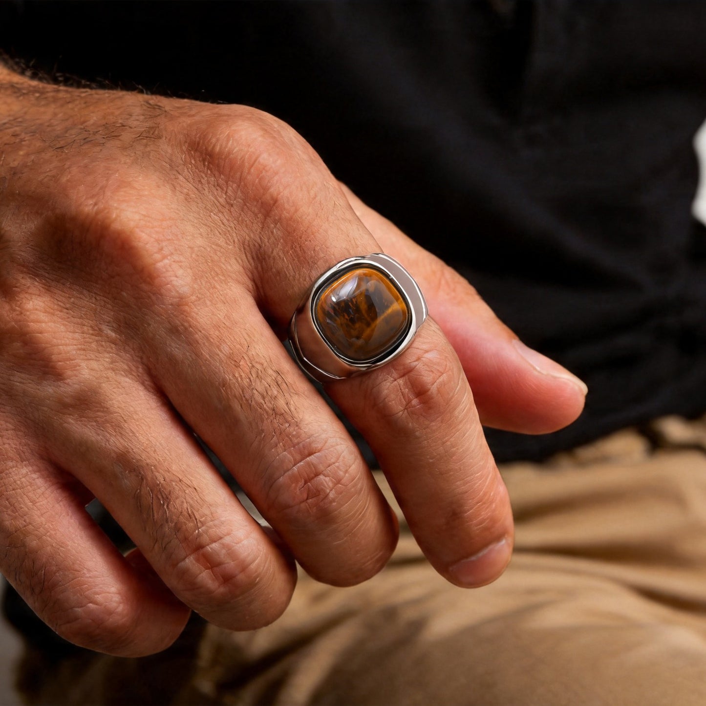 Kemstone Tiger Eye Signet Ring for Men Stainless Steel Oval Silver RC-1070