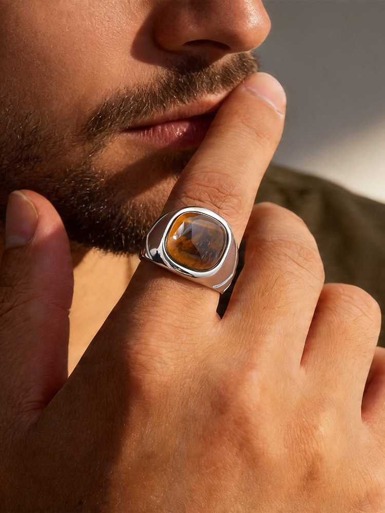 Kemstone Tiger Eye Signet Ring for Men Stainless Steel Oval Silver RC-1070