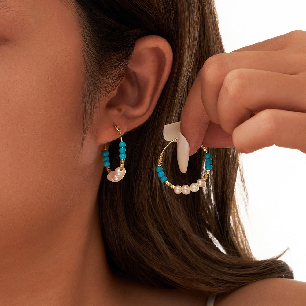 Kemstone 925 Sterling Silver Turquoise Pearl Hoop Earrings for Women Freshwater Pearl Vintage Style MPE07