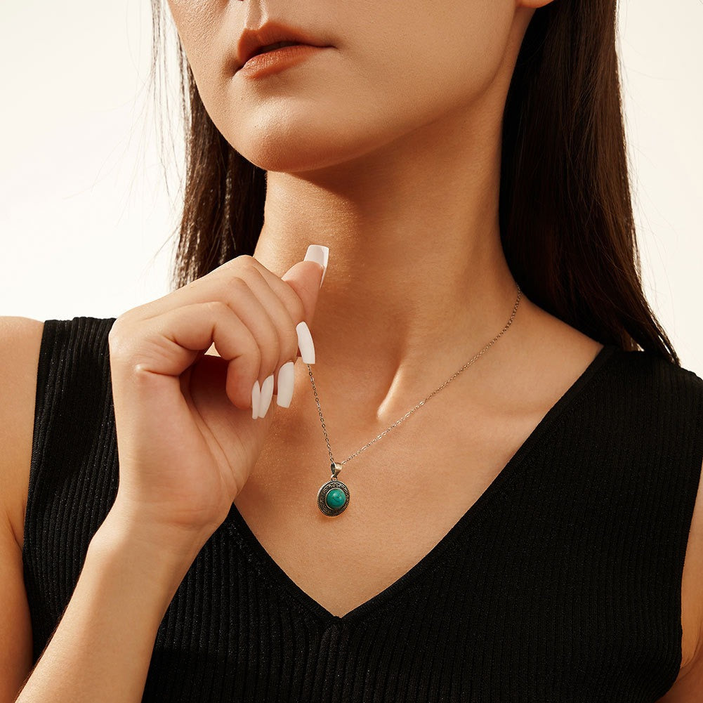 Kemstone 925 Sterling Silver Turquoise Pendant Necklace for Women Vintage Round Coin GMN46