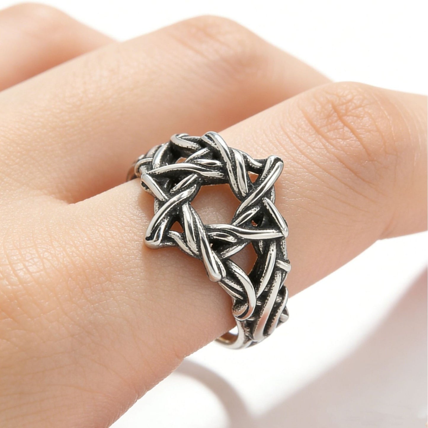 Kemstone Titanium Steel Woven Star Ring for Men Vintage Geometric Silver R1968