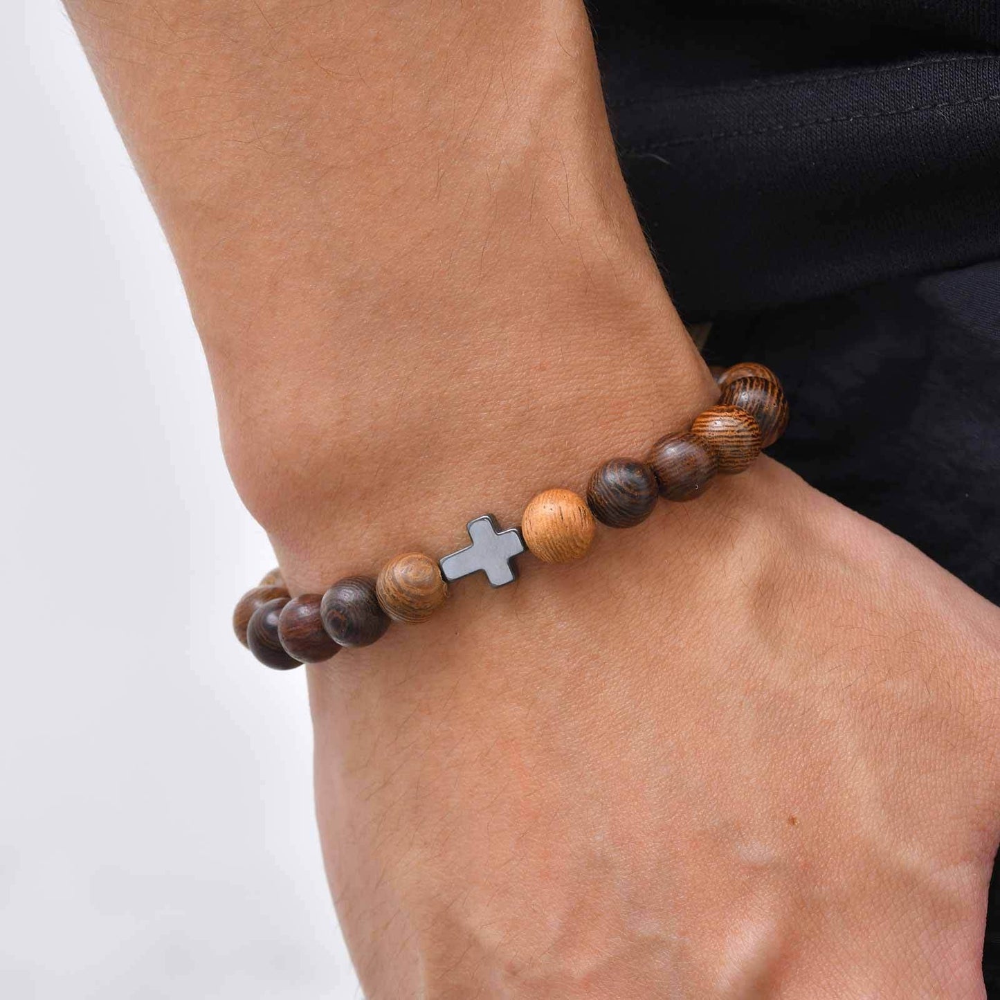 Kemston Wenge Wood Bead Cross Bracelet for Men & Women Black Stone Accent BR-3030